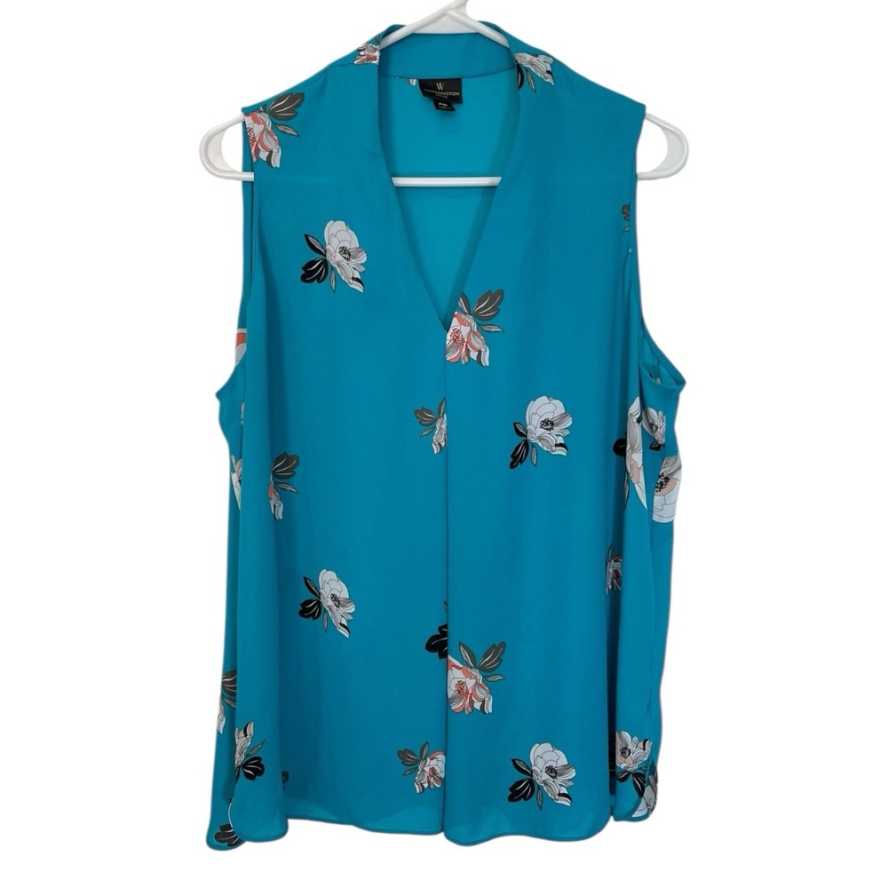 Worthington PXL Blue Floral Sleeveless Blouse V-Neck Split‎ Collar Cottagecore